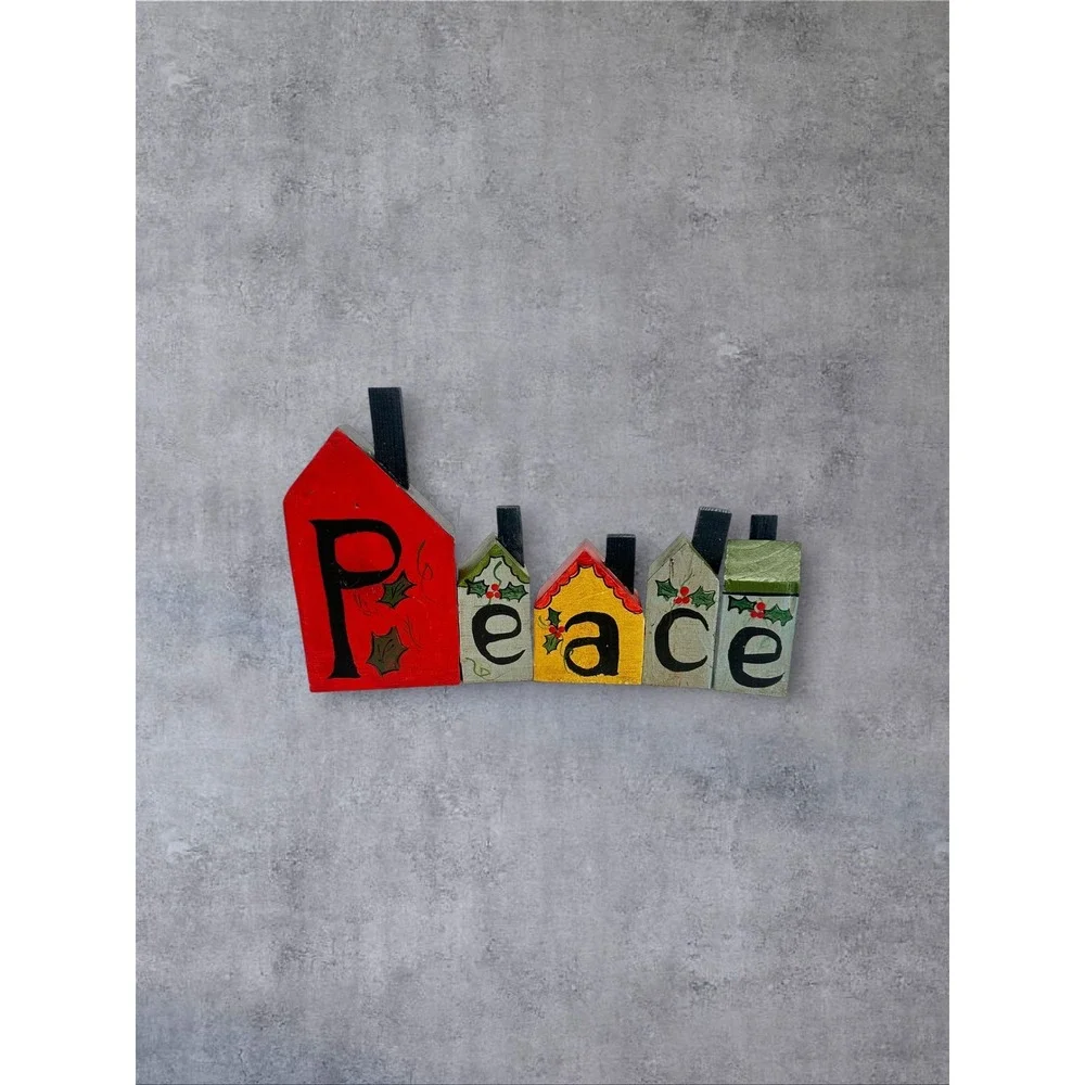 Hand Painted Peace Wooden House Blocks Christmas Decor Multicolor Folk Art Holly